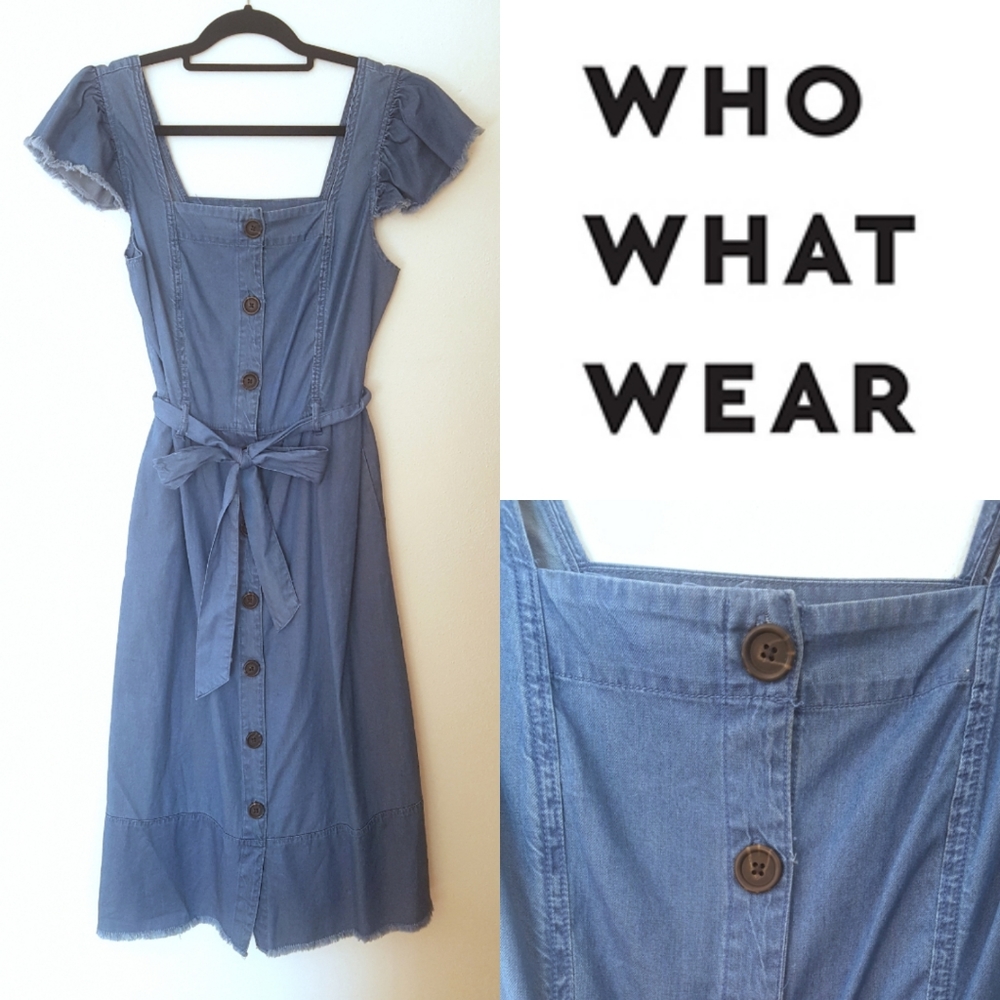 Who What Wear Denim Button Front Belted Midi Dress